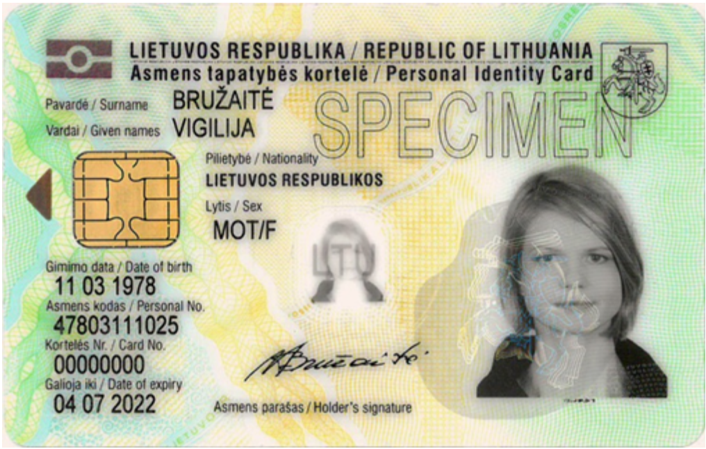 LR asmens tapatybės kortelės pavyzdys - priekinė pusė